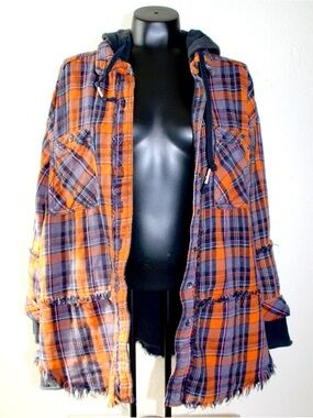 We The Free Size Small Orange & Navy Plaid Hooded Jean Jacket